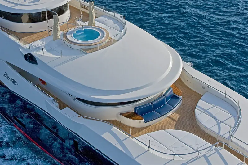 A close aerial of the stern deck and integrated swim platform, showing the layout used for water access and tender launching.