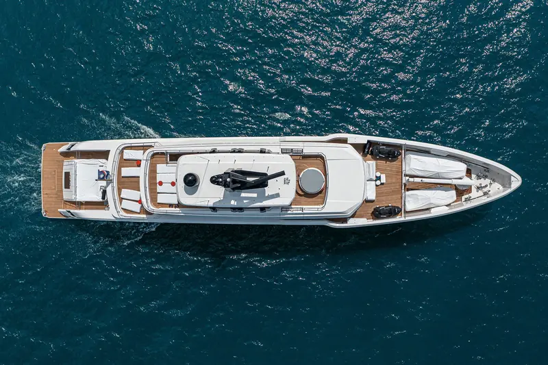 An overhead view of the stern deck and integrated swim platform arrangement.
