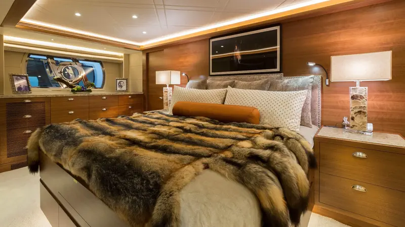 One of the guest staterooms, panelled floor to ceiling in the same wood as the saloon.