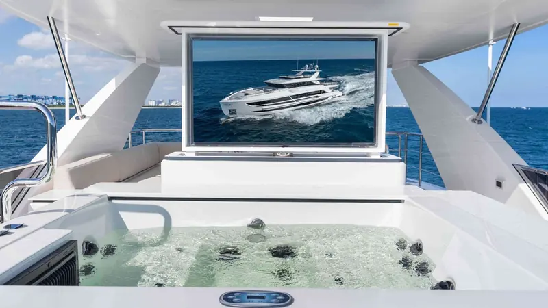 The sky deck spa pool with a drop-down television screen mounted in the overhead structure.