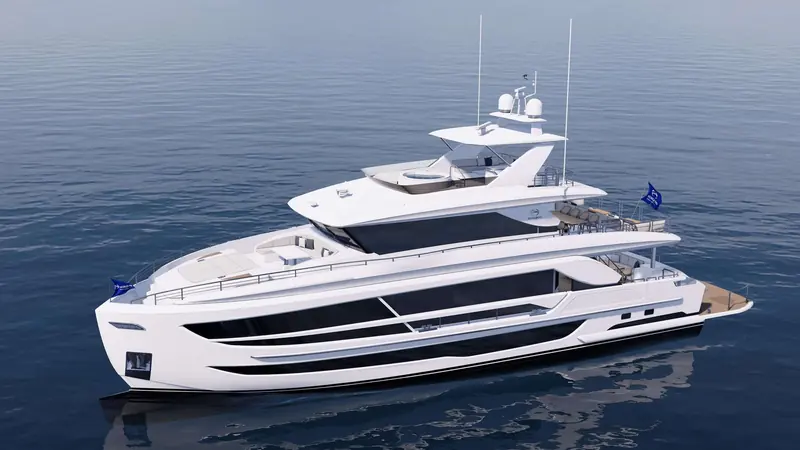 An aerial three-quarter view shows the flybridge spa pool forward of the helm seating and the full run of the aft flybridge lounge behind it.
