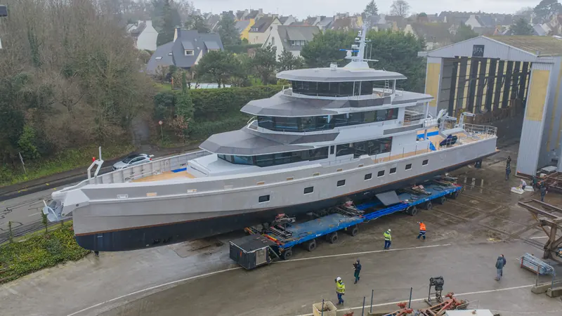 Canoa moved out of JFA's build shed on a self-propelled modular trailer ahead of her January 2026 launch.