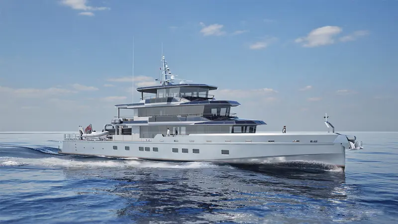 Canoa's aluminium hull under construction inside JFA's Concarneau shed, July 2025.