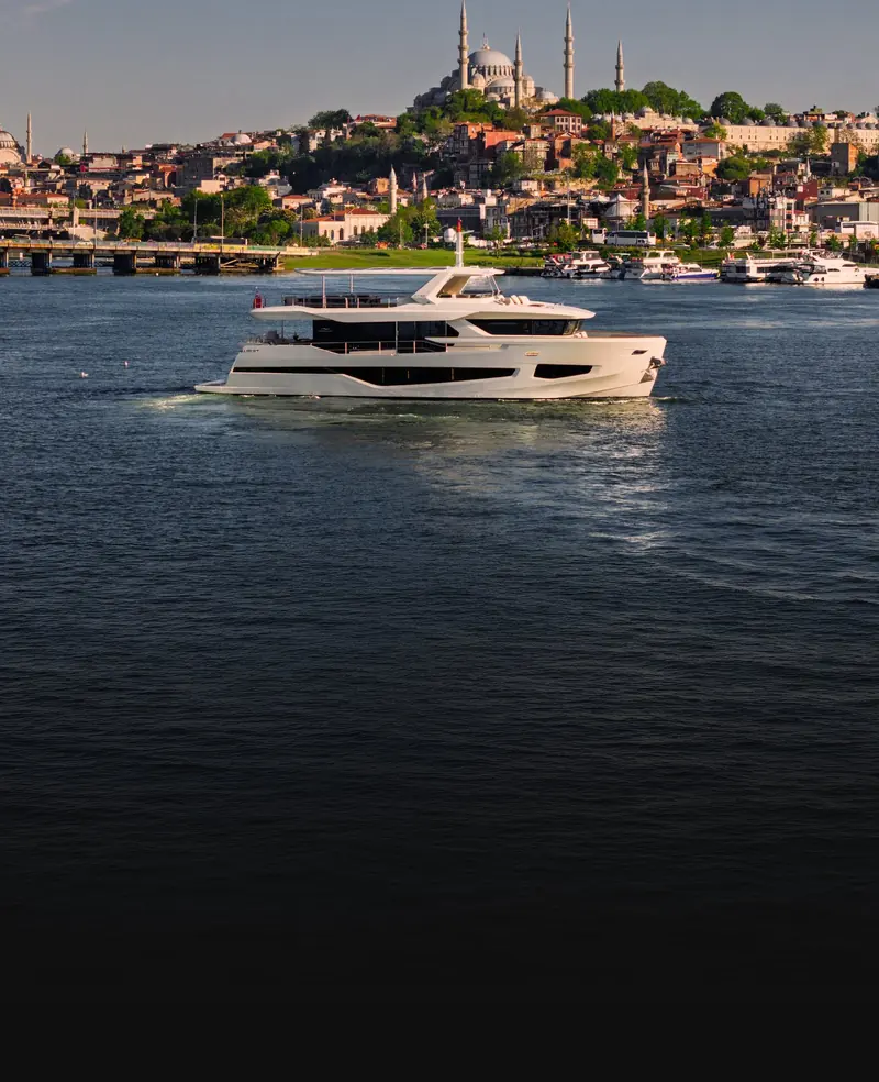 The 27XP running the Bosphorus past Istanbul's old city skyline, the yard's home waters and the first sea trials ground for every hull.