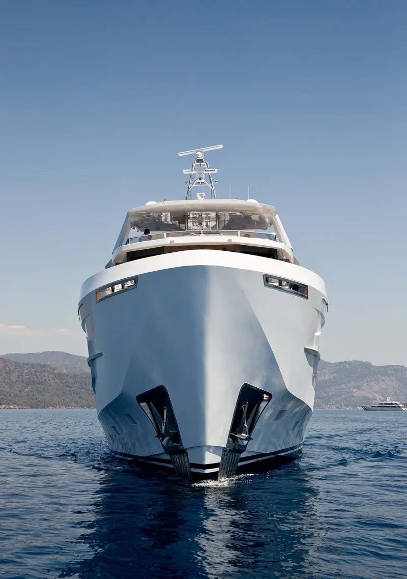 Head-on, the reverse bow and low sheer line that make the XP-series read as an explorer rather than a flybridge cruiser.