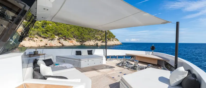 Shaded deck seating built for weeks at anchor, not weekends