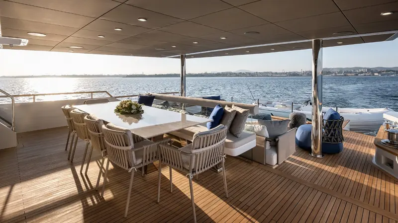 The main deck aft dining table seats eight under the flybridge overhang, open on three sides to the following coastline.