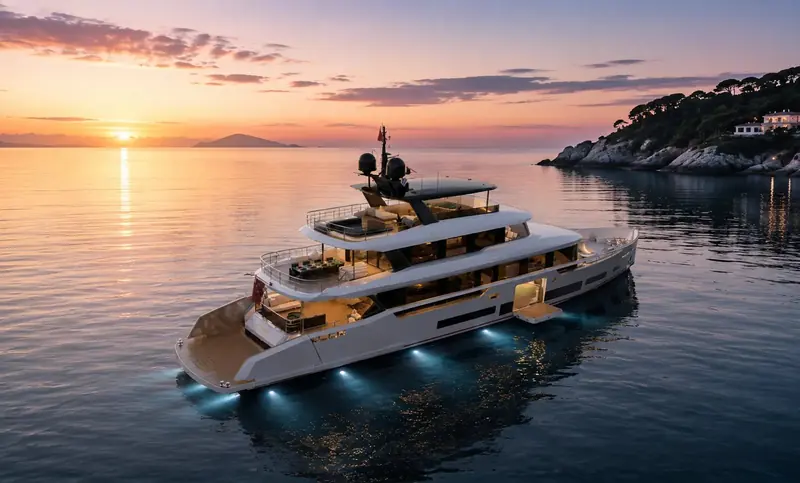 At anchor for sunset off a Mediterranean headland, the transom's underwater lights already on against the darkening water.