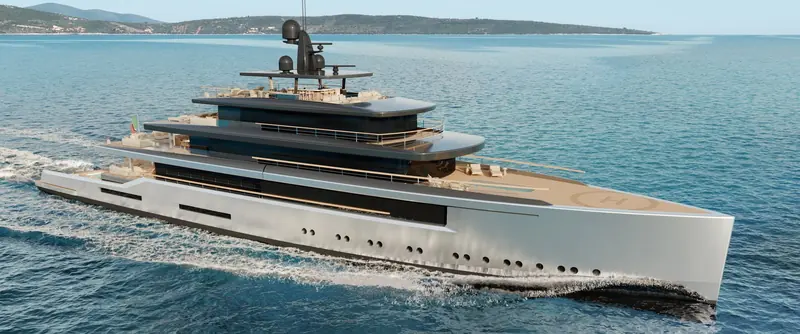 Full profile at speed off the Turkish coast, the dark glazed superstructure banding the length of the hull above a low, sharp sheerline.