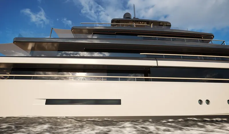 The bow shows the hull's distinctive stepped glazing and the strip window that lights the lower-deck cabins.