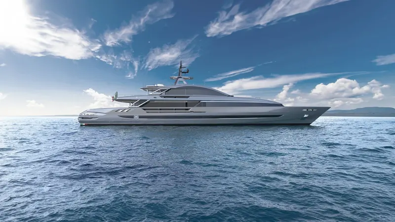 Broadside, the low sheer line and full-beam glazing that Baglietto carries the length of the main deck.