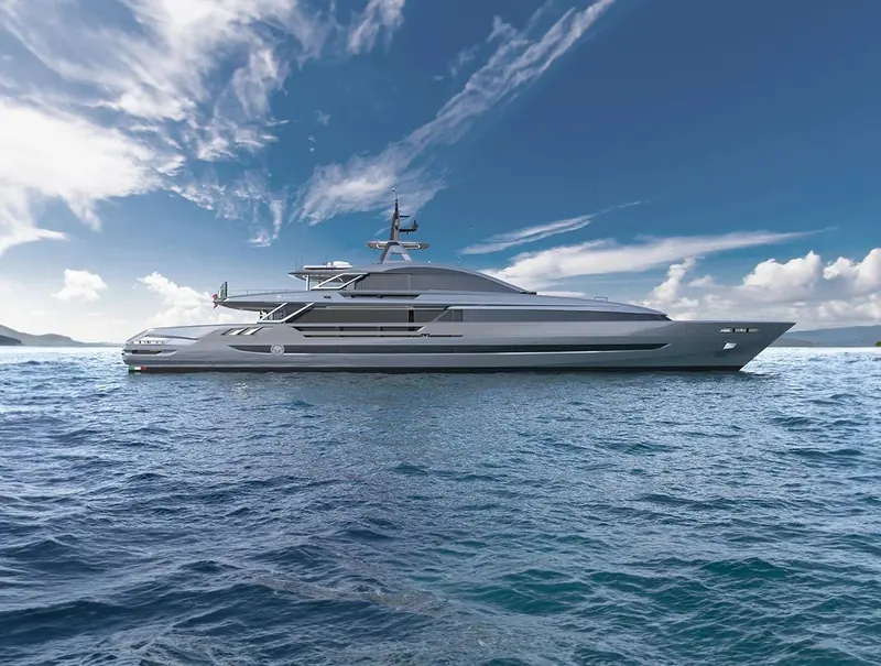 Underway in open water, showing the full profile from flybridge to waterline.