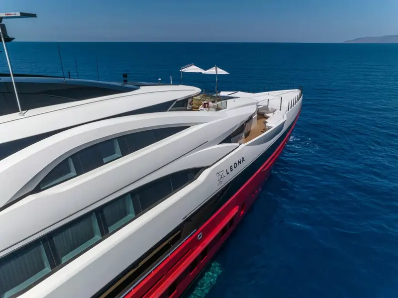 Leona, the second 263-series hull, underway. Her name is visible on the hull; Bilgin says every 263 is fitted out as a distinct yacht.