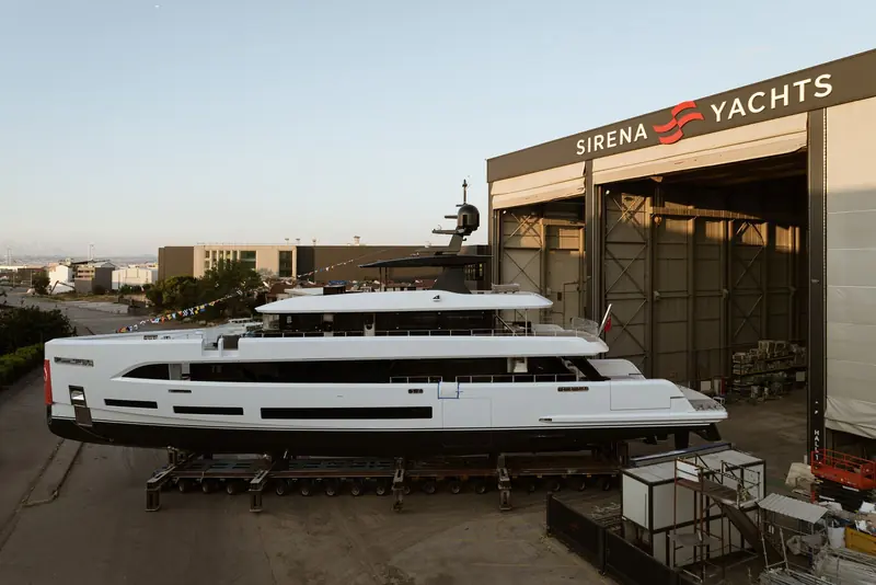 The first Sirena 42M rolls out of the builder's Istanbul-area shed on its transport skid ahead of launch, the largest yacht Sirena Yachts has built.