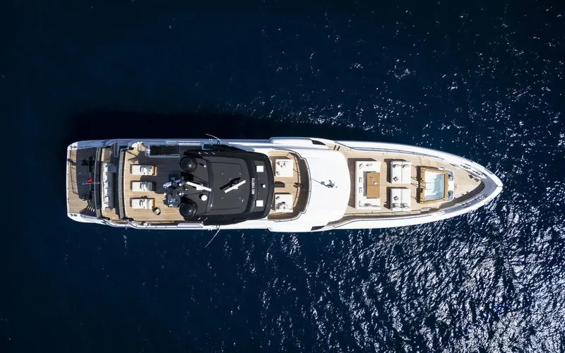 A Benetti Class 44M seen from above, the same fibreglass series Lumina joined at her 3 July 2026 slipway launch in Viareggio.