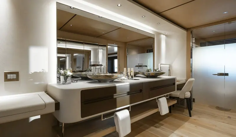 A guest bathroom aboard a Class 44M, part of the fit-out Benetti says will absorb some of its new Tuscany investment in engineering and finishing standards.