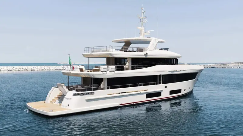 The Nauta Air 110's low sundeck and full-beam transom garage, seen here on Ammonite, are shared across the line's steel-hulled explorer hulls.