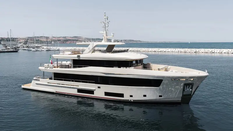 Ammonite returns to the water near Ancona; Nauta Design drew the exterior and interior, with naval architecture by Hydro Tec.