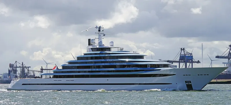 Hull Y714, later named Jubilee, running the Nieuwe Waterweg on trials, one of the 100-metre-plus Oceanco projects that carried BMT Nigel Gee naval architecture before the practice's large-yacht work moved to Lateral Naval Architects in 2018.