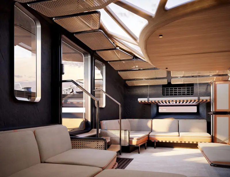 Raven's saloon below deck, built light for performance rather than dressed as a formal interior.