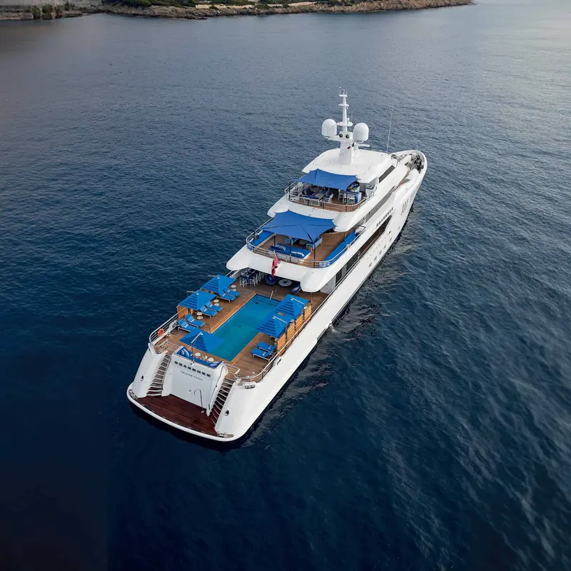 Seasense, the 67 metre Benetti delivered in 2017, seen from above with her aft swimming pool and Beach Club deck, the feature Cor D. Rover built the whole design around.
