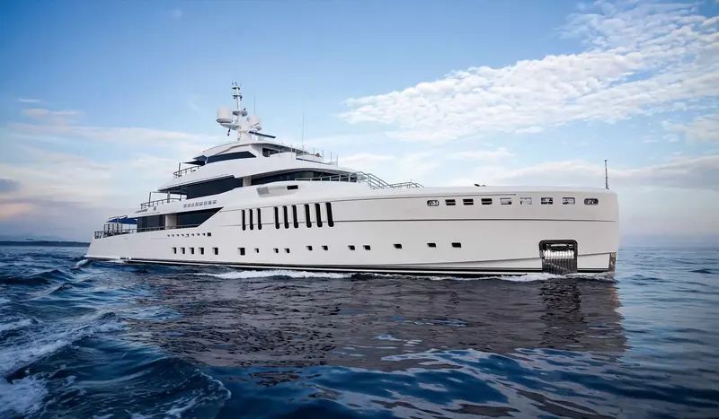 Seasense underway. Her tall, narrow slot windows and stepped four deck profile are the exterior signature Cor D. Rover drew for his first Benetti commission.