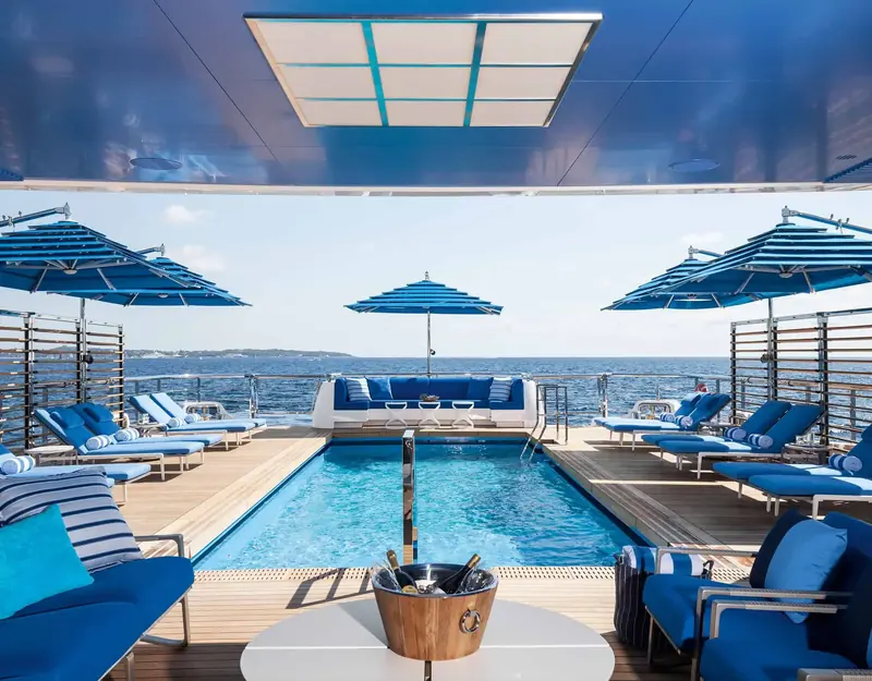 Seasense's Benetti Beach Club, a 10 by 4 metre pool that decks over into a basketball court, the idea owner Charles S Cohen has said shaped the whole yacht.