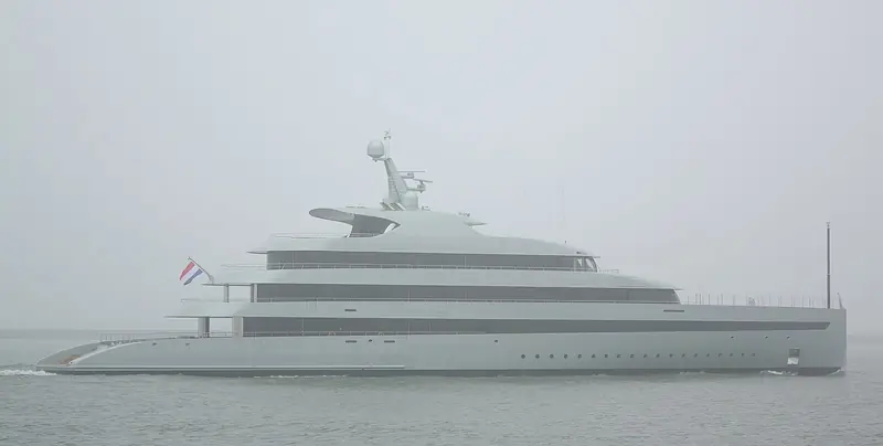 A second view from the same March 2015 sea trial, showing the full profile with the raked bow and the radar mast and funnel styled as a single sculptural unit above the sundeck.