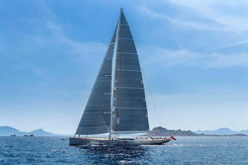 Pink Gin VI under sail off the Sardinian coast in her original 2017 delivery form, the 54-metre Baltic 175 that was, and still is, the world's largest carbon-fibre sloop, interior and exterior styling by Design Unlimited.
