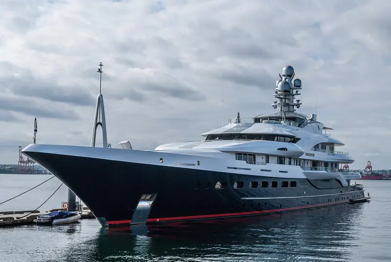 Attessa IV, the 102 metre rebuild of the 1999-built Evergreen that Diana Yacht Design's hull and systems survey fed into, seen at Lonsdale Quay in North Vancouver near Vancouver Shipyards in September 2018.