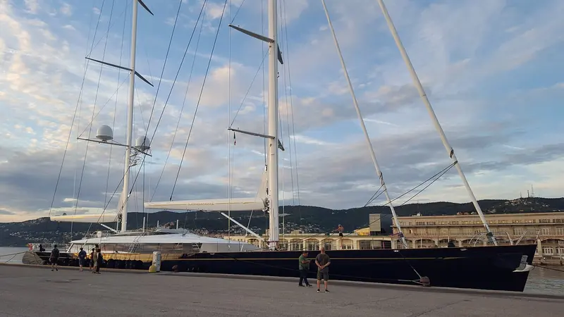 Mondango alongside in Trieste, Italy, in August 2019. Delivered by Alloy Yachts in 2008 as a 51.77m aluminium ketch to a Dubois Naval Architects design with Reymond Langton interiors, she is one of the largest hulls the studio drew.