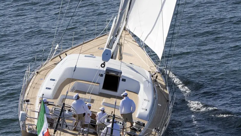 Far and Wide, the 30.18 metre Southern Wind SW100DS delivered in 2007, seen from above under sail with her crew at work (Southern Wind Shipyard).
