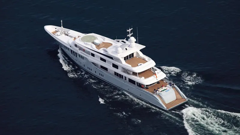 Odessa II, the 73 metre Nobiskrug yacht delivered in 2013 for owner Leonid Blavatnik, underway. Focus Yacht Design drew her exterior; H2 Yacht Design handled the interior. She and sistership Plan B were the only two survivors of a six-yacht order Focus won in its founding year, 2007.