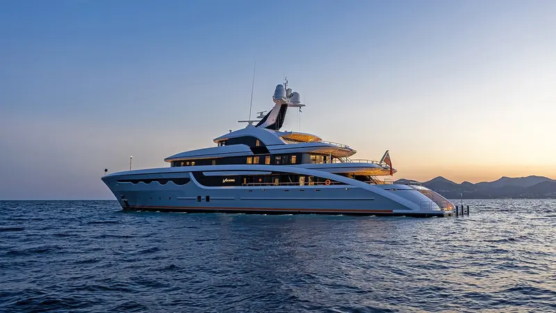 Soaring's name lettered on the bow, broadside at dusk off the French Riviera, showing the full sweep of the scalloped hull windows and waterline stripe end to end.