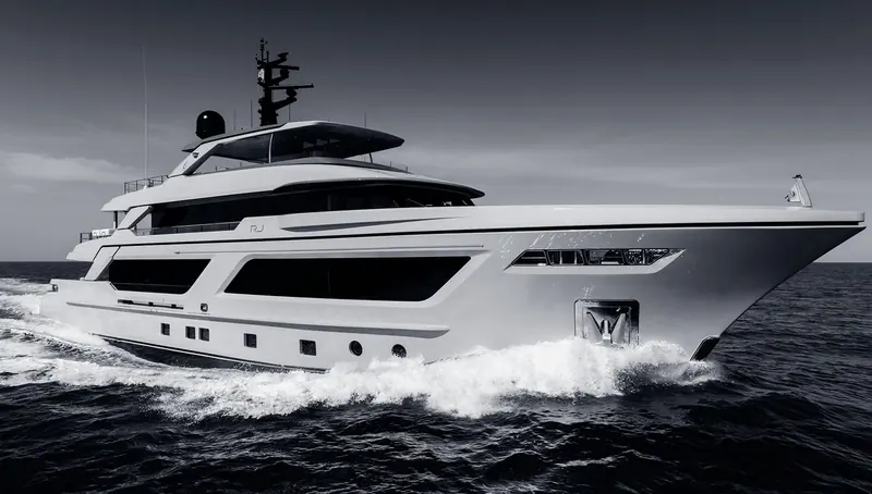 A white superyacht is caught from the bow quarter at speed under a heavy sky, pushing a wall of white water off her forefoot, her anchor stowed flush in a recess in the topsides.