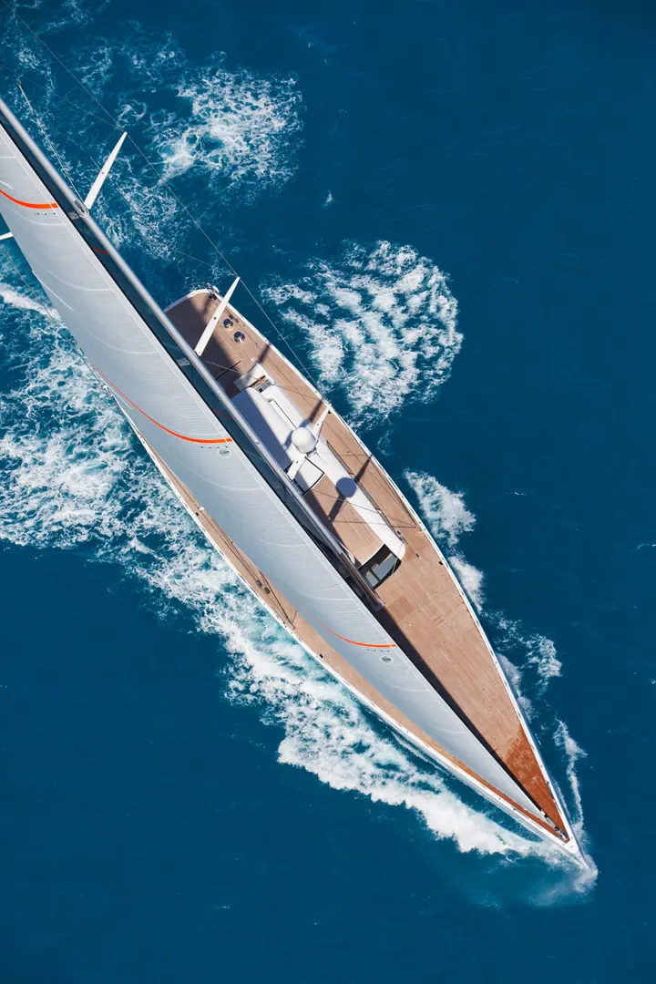 Unfurled driving upwind, sails trimmed flat. Project manager Jon Barrett selected Vitters and Frers together after touring several yards; the yacht's own steering and deck systems came out of that process.