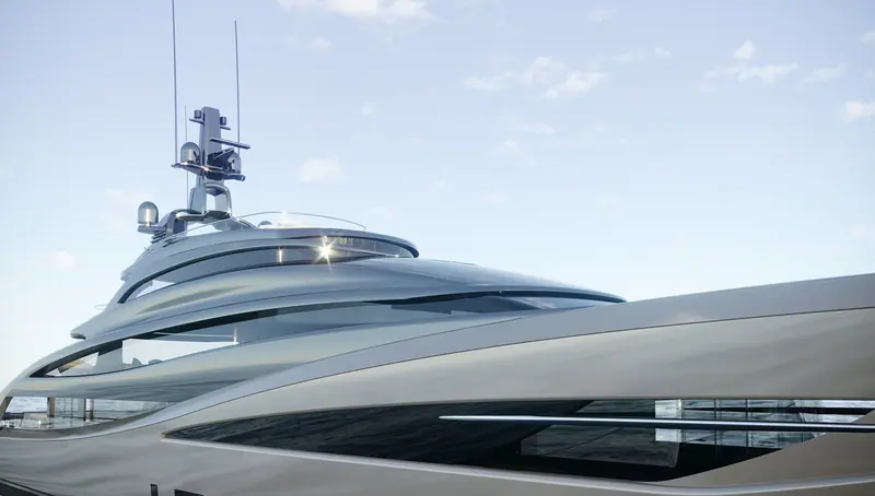 The raked bow and glazing of a recent full-custom project, the kind of large-yacht work the studio has taken on since its Rossinavi and Wider commissions.