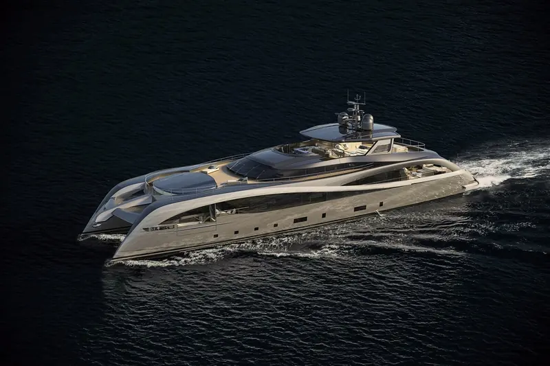 Rossinavi's fully electric catamaran, designed with Fulvio De Simoni Yacht Design and drawn around a wave-piercing twin hull rather than the studio's usual planing monohulls.
