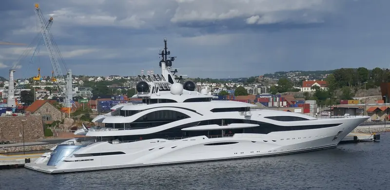 Al Lusail, H2's 123 metre Lurssen exterior for the Emir of Qatar, alongside at Kristiansand, Norway during her 2017 delivery voyage.