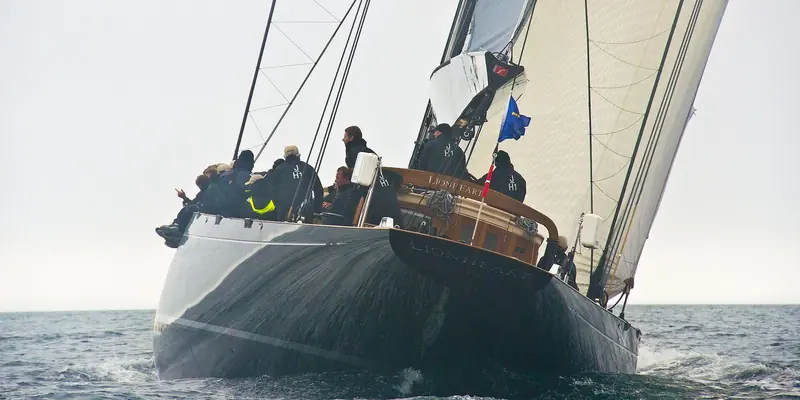 Lionheart, the 43.4m J-Class yacht Hoek Design developed from an unbuilt 1936 Ranger-syndicate lines plan by Starling Burgess and Sparkman & Stephens, driving hard at the J-Class regatta in Falmouth, 2012.