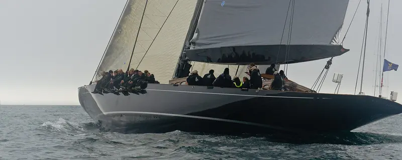 Lionheart's profile under working sail off Falmouth in 2012, two years after her 2010 launch from Claasen Shipyards as the first, and for a decade the largest, J built to a Hoek Design lines plan.
