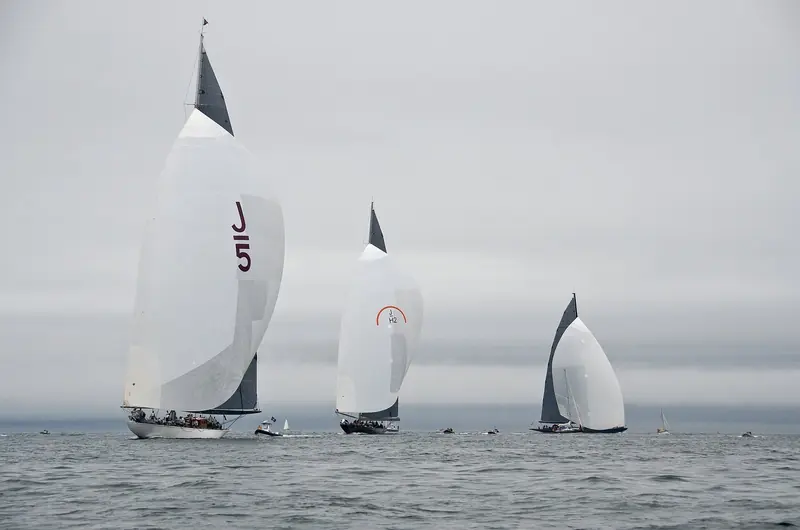 Lionheart (right, smallest in frame) racing against Rainbow and Ranger at Falmouth in 2012; both of the other two are J-Class yachts built to lines from other design offices, not Hoek Design.