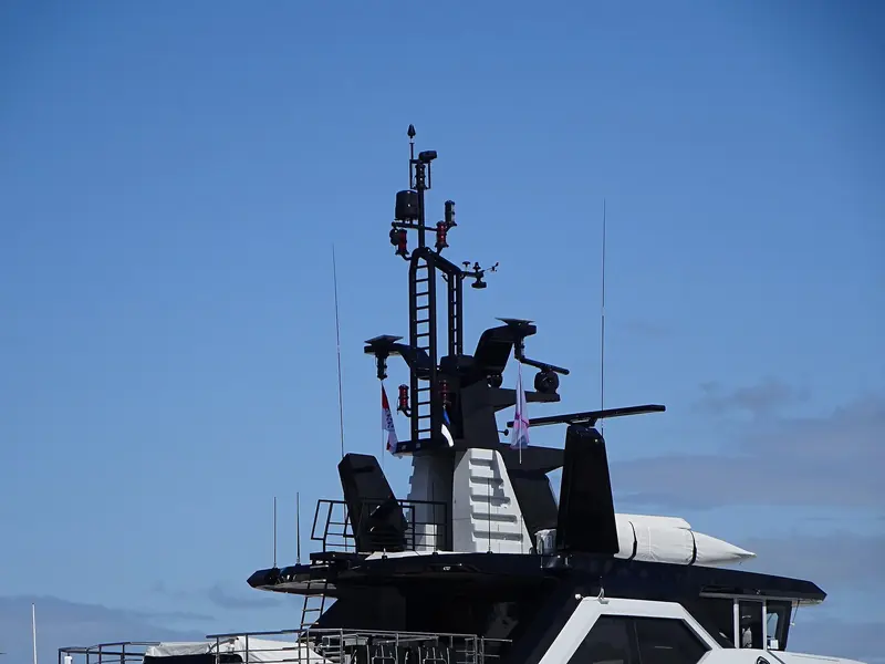 The sensor mast carries radar, satcom and navigation lights. Hydro Tec's engineering side is as much of the commission as the exterior lines.