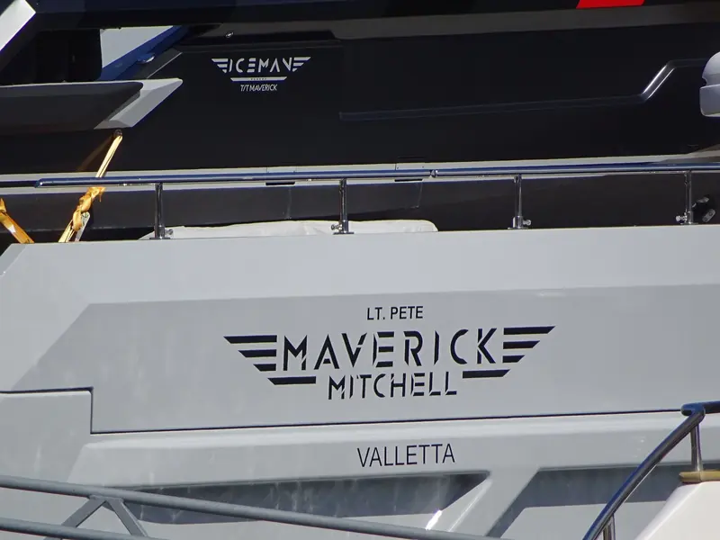 Lt. Pete Maverick Mitchell, registered in Valletta, with her tender Iceman stowed above. The full name honours the owner's nickname for the Top Gun character.