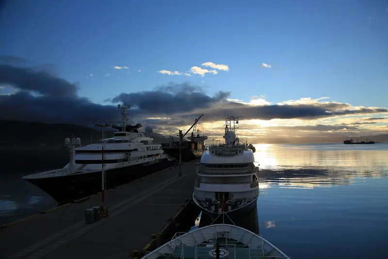 Octopus alongside a supply vessel at dawn in the Beagle Channel, off Ushuaia, Argentina.