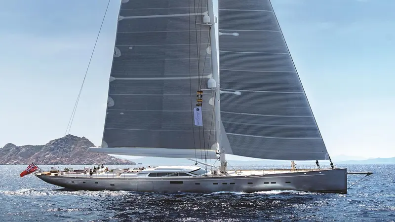 Pink Gin VI under sail off the Maddalena archipelago, Judel/Vrolijk's 53.7 metre Baltic 175 and, at launch in 2017, the largest carbon-fibre sloop ever built.