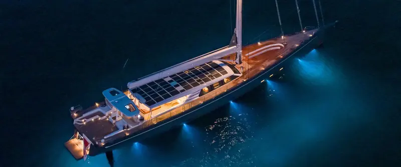 Baltic 146 Path at anchor after dark, Judel/Vrolijk's first full exterior-and-interior commission for the yard and, at 44.6 metres, its largest cruising sloop to date.