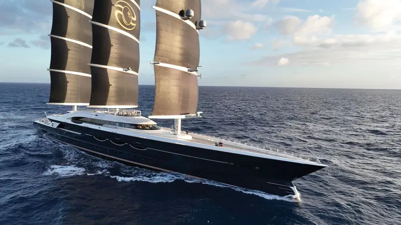 Black Pearl under her three black DynaRig masts, Oceanco's 106.7 metre sailing yacht for which Lateral's predecessor team at BMT Nigel Gee did the hybrid propulsion, structural and systems engineering.