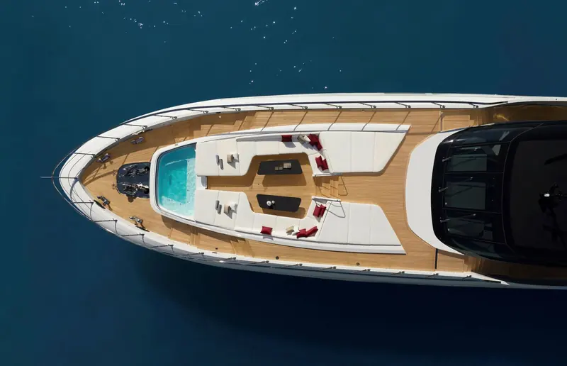 N1 seen from above: pool, sun deck and tender garage aft of the flybridge.