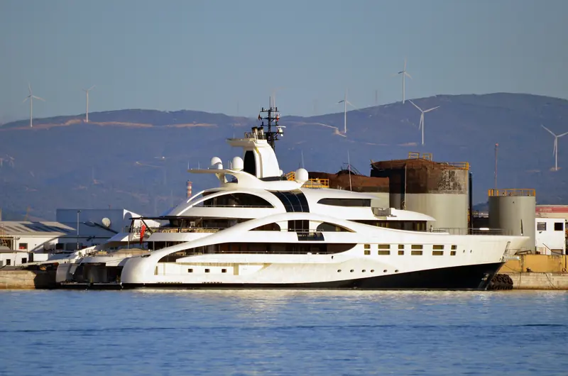 Palladium, the 96 metre Blohm and Voss yacht designed inside and out by Michael Leach Design, delivered September 2010 and shown here berthed at Port of Gibraltar.